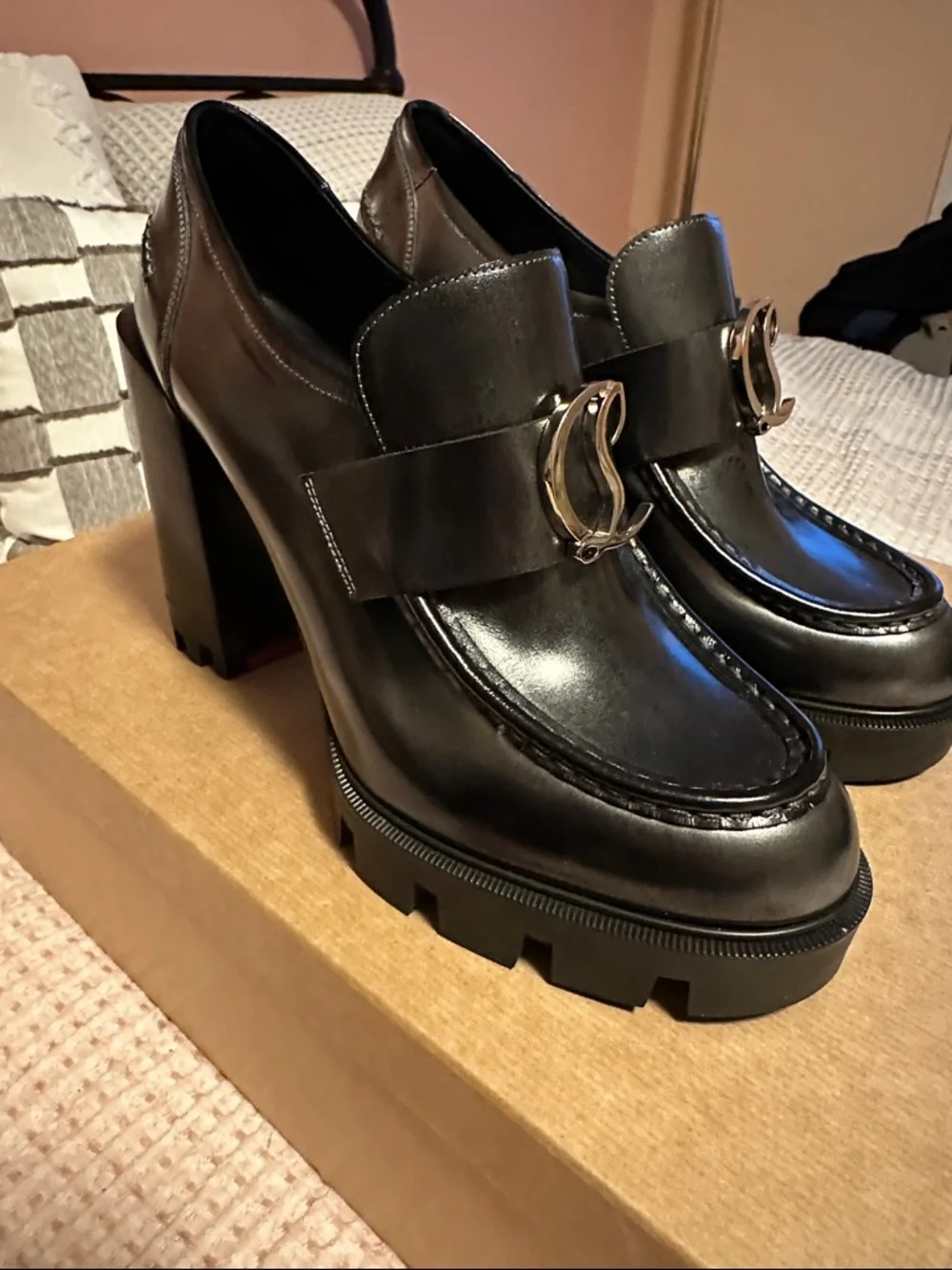Christian Louboutin Moc Lug Alta 100 Black Leather Platform Loafers Size 38.5 - Picture 7 of 12